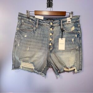 Judy Blue Denim Distressed Button Fly High Waist Distressed Jean Shorts